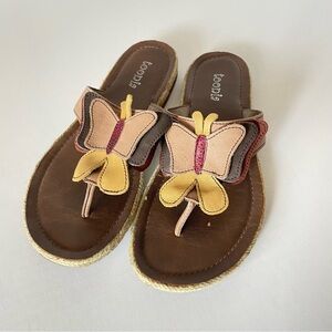 Women's Brown Leather Flip Flop Thongs Sandals with Butterfly accent Size 38